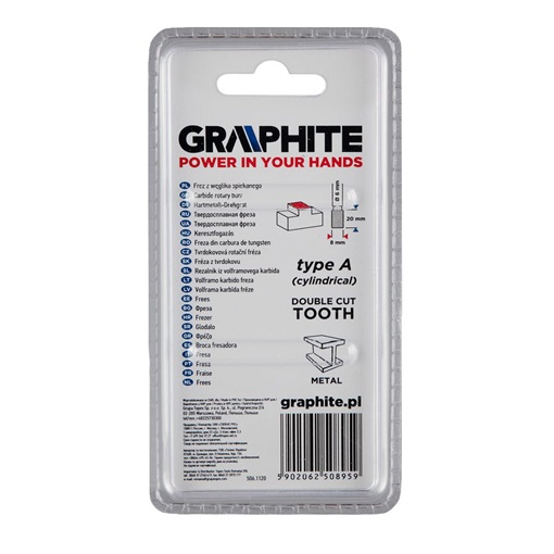 Graphite 55H351 Keményfém marófej, type A, hengeres, 8 x 20 mm, szár méret: 6 x 45 mm