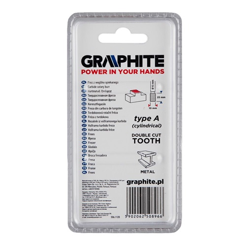 Graphite 55H352 Keményfém marófej, type A, hengeres, 10 x 25 mm, szár méret: 6 x 45 mm