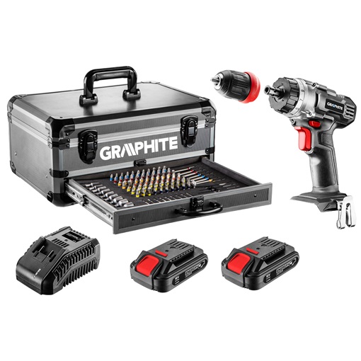 Graphite 58G022-PS15 akkus fúró energy+ 2x18V/2.0ah, 10mm + alu koffer + 109 kiegészítő