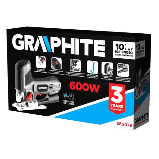 Graphite 58G078 dekopírfűrész 600W, löketszám 800-3000 fordulat/perc, testtartóval
