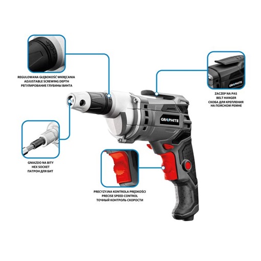 Graphite 58G794 csavarozógép, gipszkartonhoz/építőlemezekhez, kuplungos 230V/520W,hordtáska