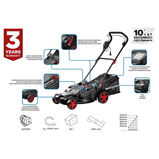 Graphite 59G475 Fűnyírógép 2000W, 430mm, 20-70mm, 45L