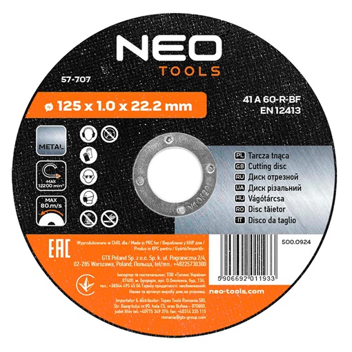 Neo 57-707 vágókorong fémhez 125x1,0x22mm, 41 A60-T-BF