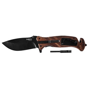 Neo 63-107 Összecsukható túlélő kés, 22 cm, 6 az 1-ben: kés, síp, kovakő, csavarkulcs, szíjvágó, üvegtörő, penge: 9cm