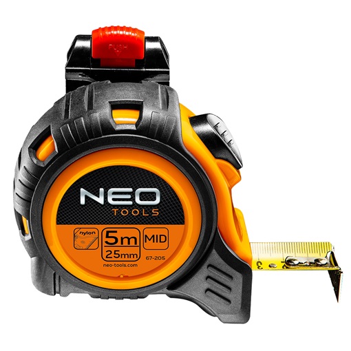 Neo 67-205 mérőszalag acél 5 m x 25mm, autostop, övcsattal KIFUTÓ