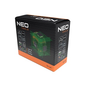 Neo 75-141 Lézeres szintező, 3D önbeálló keresztvonallézer, 360°, 16 vonal, 25m hatótáv, akku, tartozékok, táska, zöld