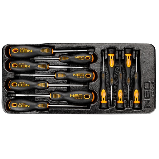 Neo 84-247 műszerész, precíziós csavarhúzó készlet, pz, torx, 12db, műhelykocsitálcával