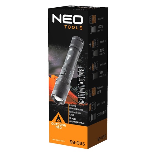 Neo 99-035 Zseblámpa tölthető, USB, 1000lum, OSRAM P9 LED, 10W