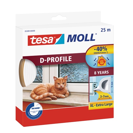 Tesa 05389-00 Ajtó- és ablaktömítő szalag, D profil, Fehér 25m/9mm