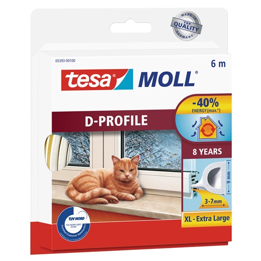 Tesa 05393-102 Ajtó- és ablaktömítő szalag, D profil, Fehér 6m/9mm
