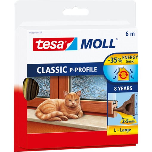 Tesa 05393-103 Ajtó- és ablaktömítő szalag, D profil, Barna 6m/9mm