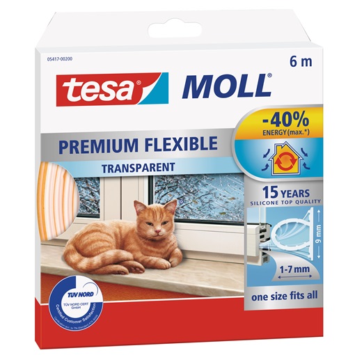 Tesa 05417 Rugalmas Prémium Ajtó- és ablaktömítő szalag, Átlátszó 6m/9mm