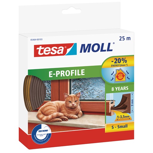 Tesa 05464-103 Ajtó- és ablaktömítő szalag, E profil, Barna 25m/9mm