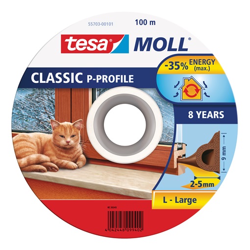 Tesa 55703-101 Ajtó- és ablaktömítő szalag, P profil, Barna 100m/9mm
