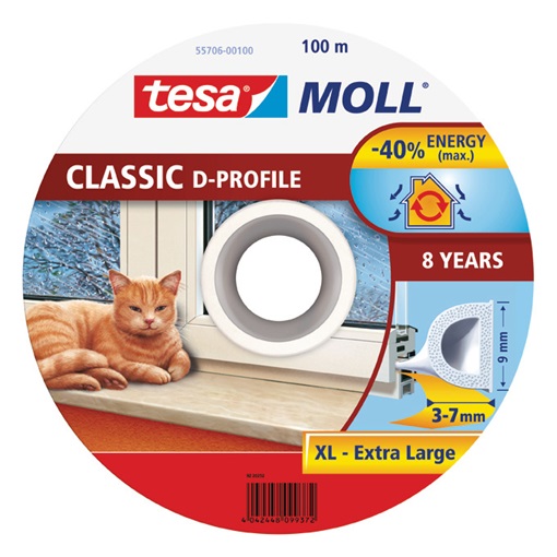 Tesa 55706-100 Ajtó- és ablaktömítő szalag, D profil, Fehér 100m/9mm
