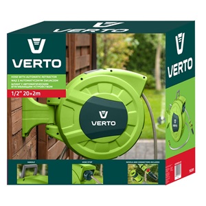 Verto 15G891 Autómata tömlődob, 20 m locsolótömlő + 2 m csatlakozó tömlő, 10 bar, PP ház, PVC tömlő, falra szerelhető