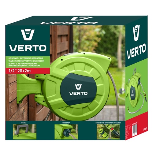Verto 15G891 Autómata tömlődob, 20 m locsolótömlő + 2 m csatlakozó tömlő, 10 bar, PP ház, PVC tömlő, falra szerelhető