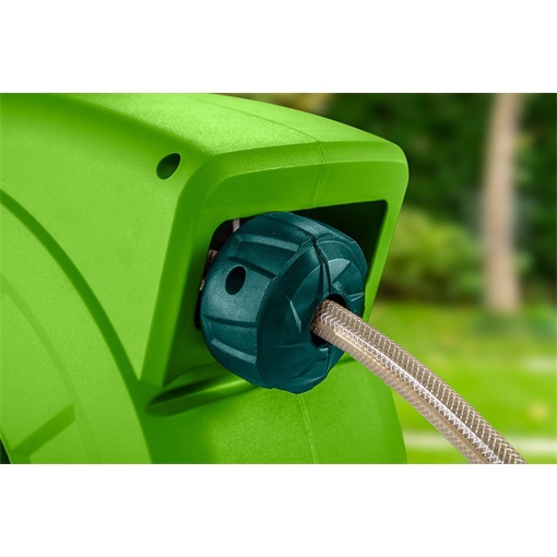 Verto 15G891 Autómata tömlődob, 20 m locsolótömlő + 2 m csatlakozó tömlő, 10 bar, PP ház, PVC tömlő, falra szerelhető